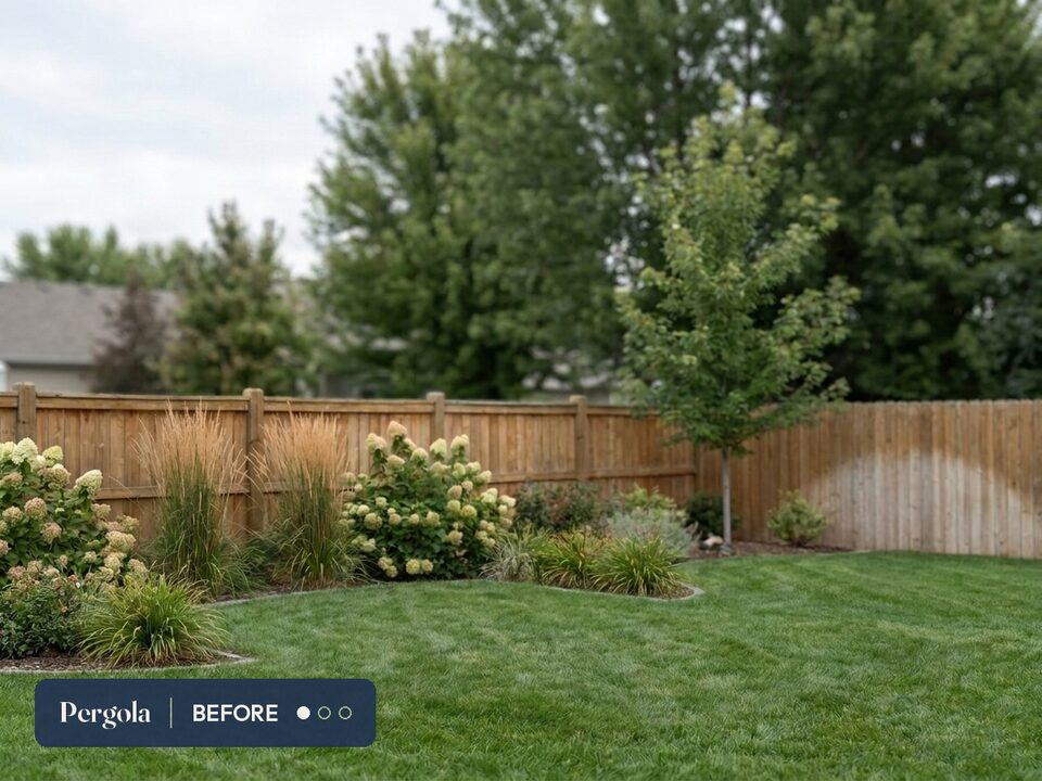Backyard before, 3D design, and finished timber structure