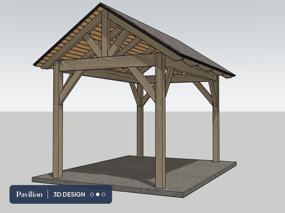 A 3D design concept of a custom Douglas fir pavilion sized to the yard