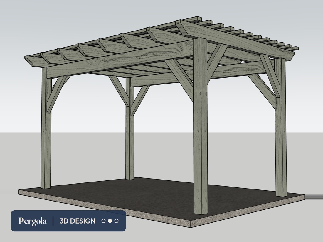 A 3D design concept of a custom Douglas fir pergola sized to the yard