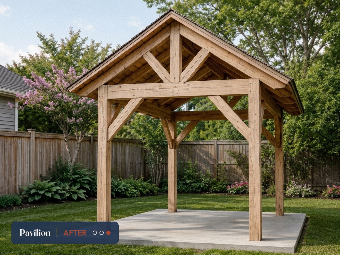 A finished custom Douglas fir pavilion built in a landscaped Utah backyard