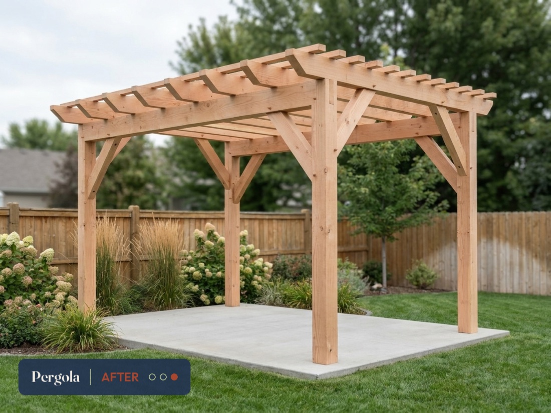 A finished custom Douglas fir pergola built in a landscaped Utah backyard