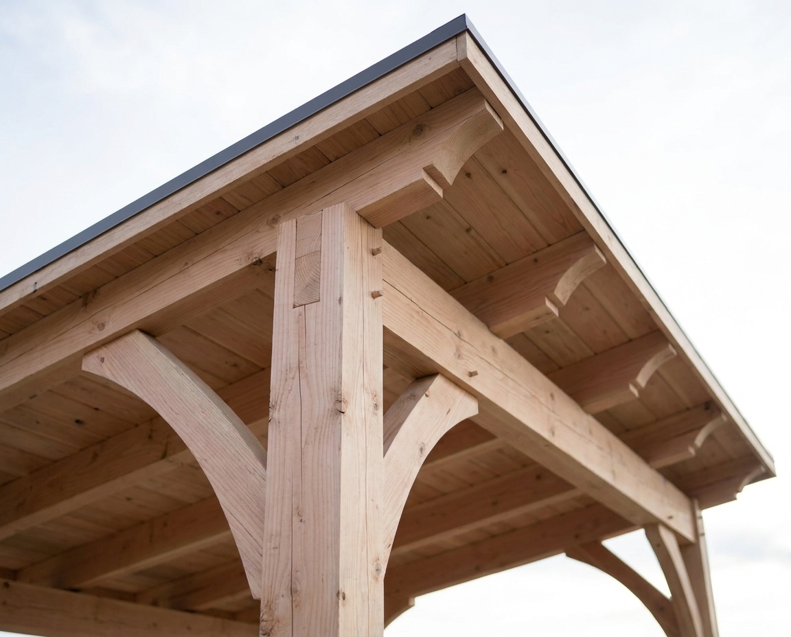 Florence belvedere corner detail showing curved brace, single-slope roof edge, and drip-edge detail.