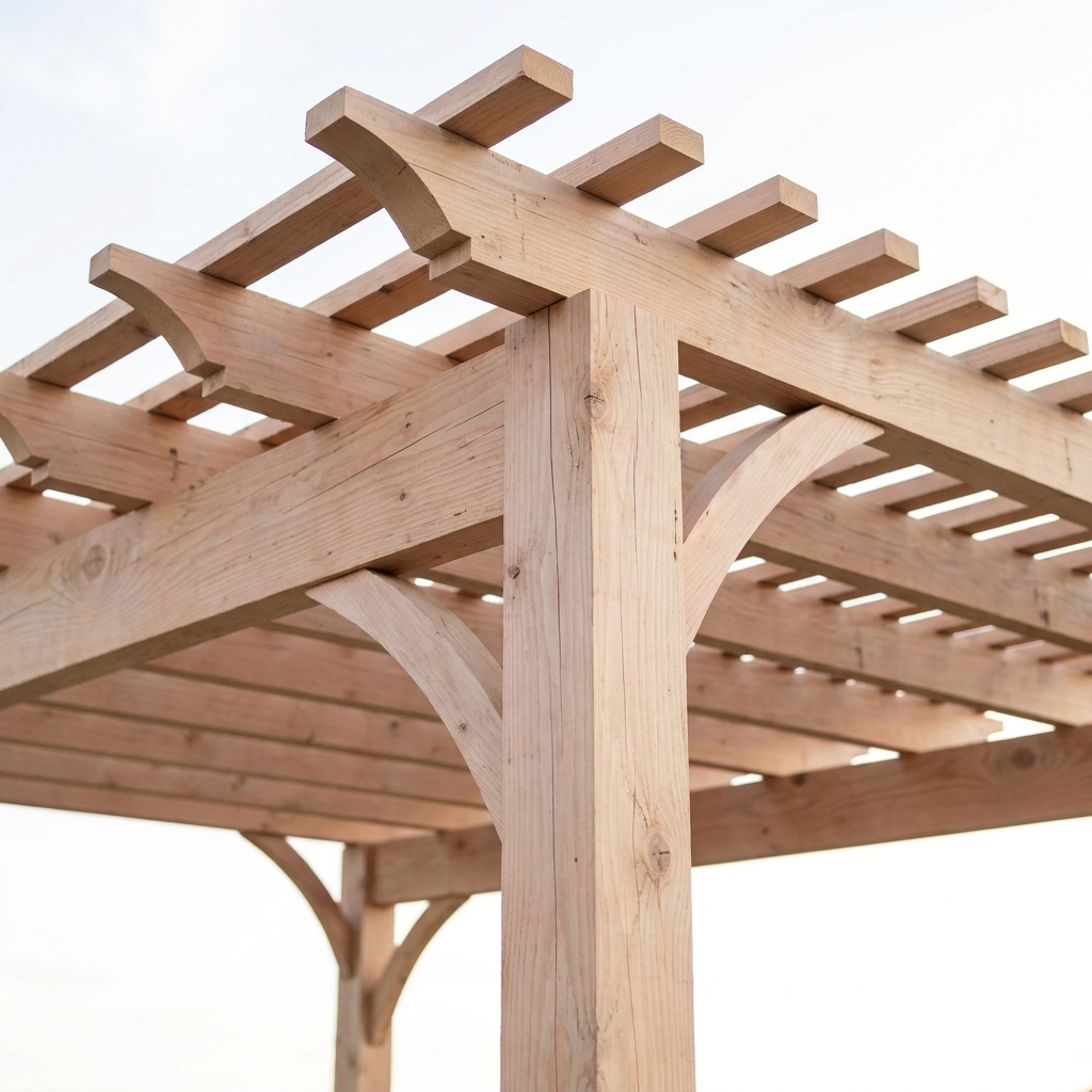 Florence pergola corner detail showing curved corbel knee brace and beam joinery in natural Douglas fir.