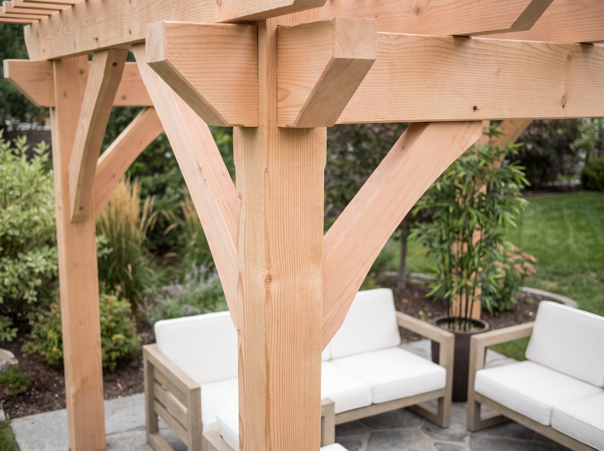 Close-up of a Douglas fir pergola post, knee braces, and beam in the natural muted-tan finish, with the wood grain and cut joinery visible