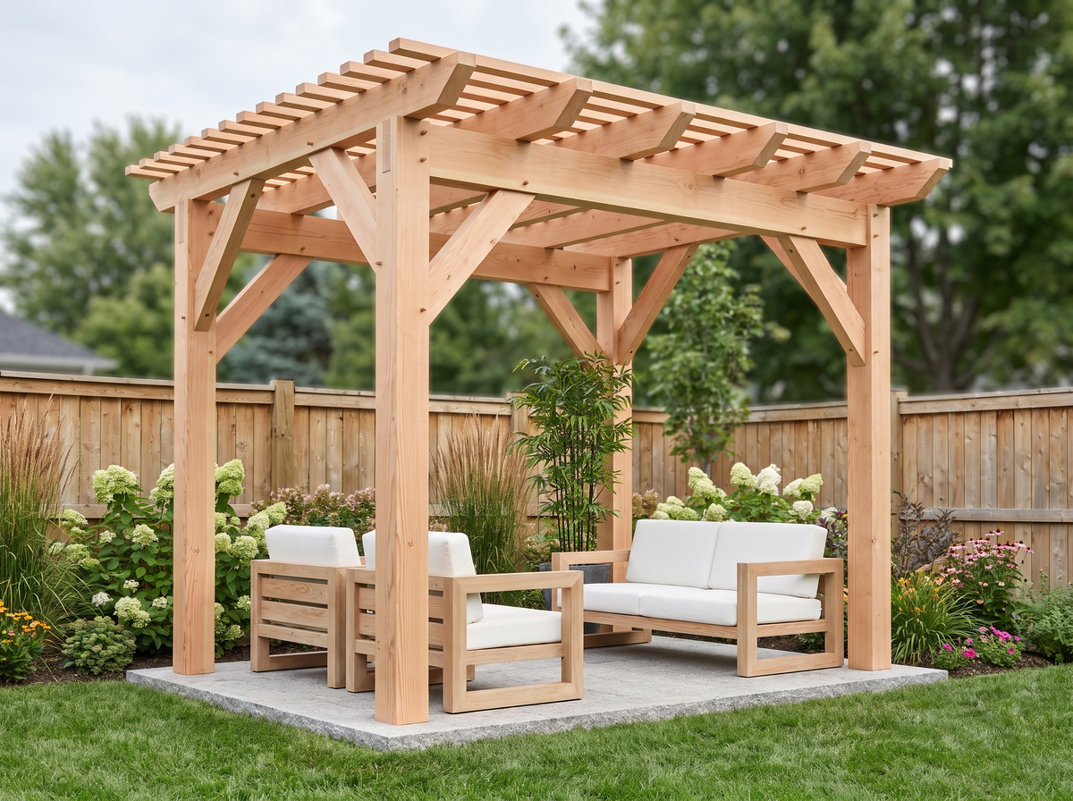 A custom 10 by 12 foot Modern pergola in fresh-milled Douglas fir, with straight braces and a slatted roof shading a seating group on a paved patio.
