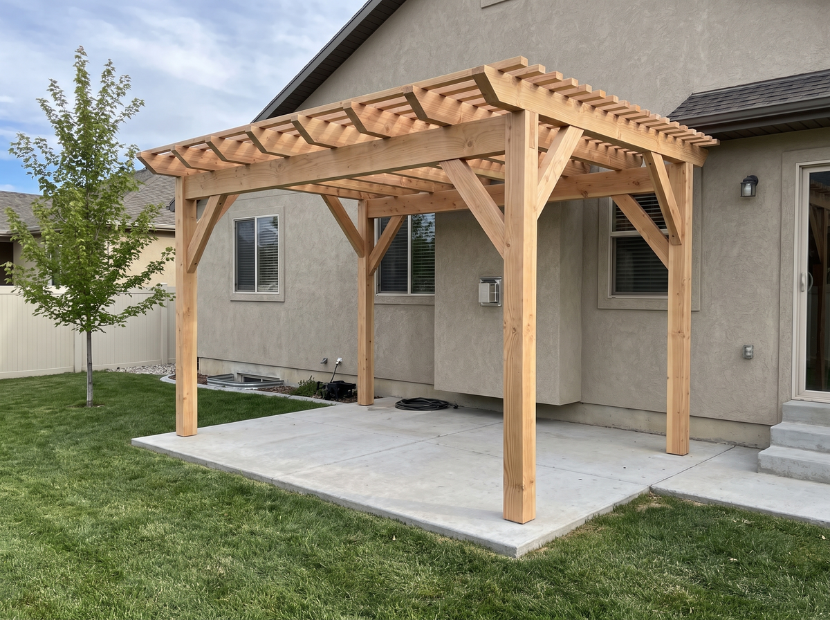 A freestanding 12 by 16 Douglas fir pergola over a concrete patio behind a stucco home, set a few feet off the back wall with lawn on three sides