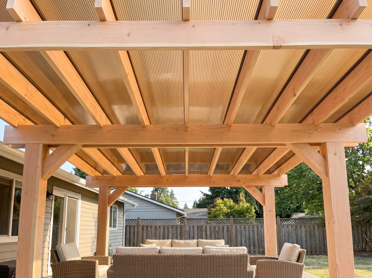 Under a bronze polycarbonate pergola roof, warm filtered light falls on outdoor furniture between Douglas fir rafters