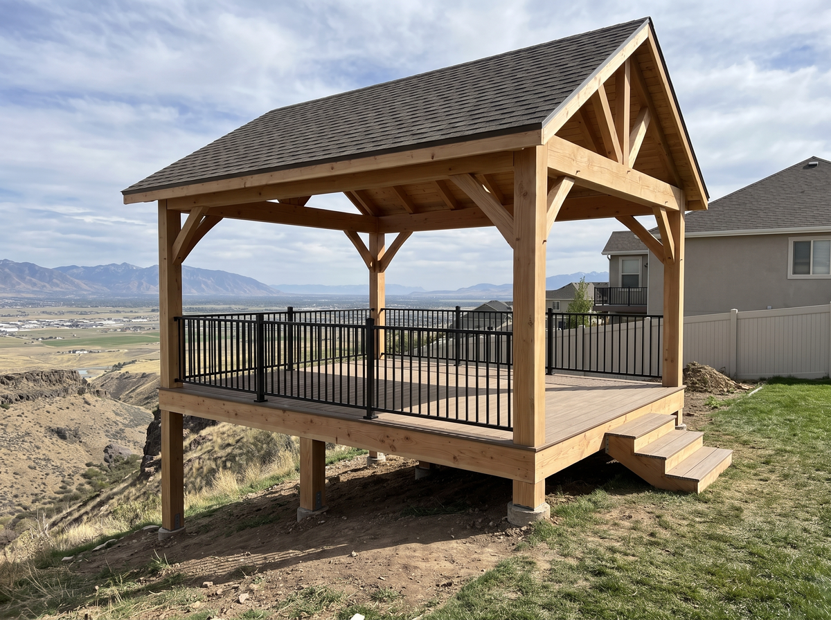 A 16 by 20 gable-roof pavilion in natural Douglas fir on an elevated deck at the edge of a bench lot, with the valley floor and the Wasatch Range behind it under a partly cloudy sky