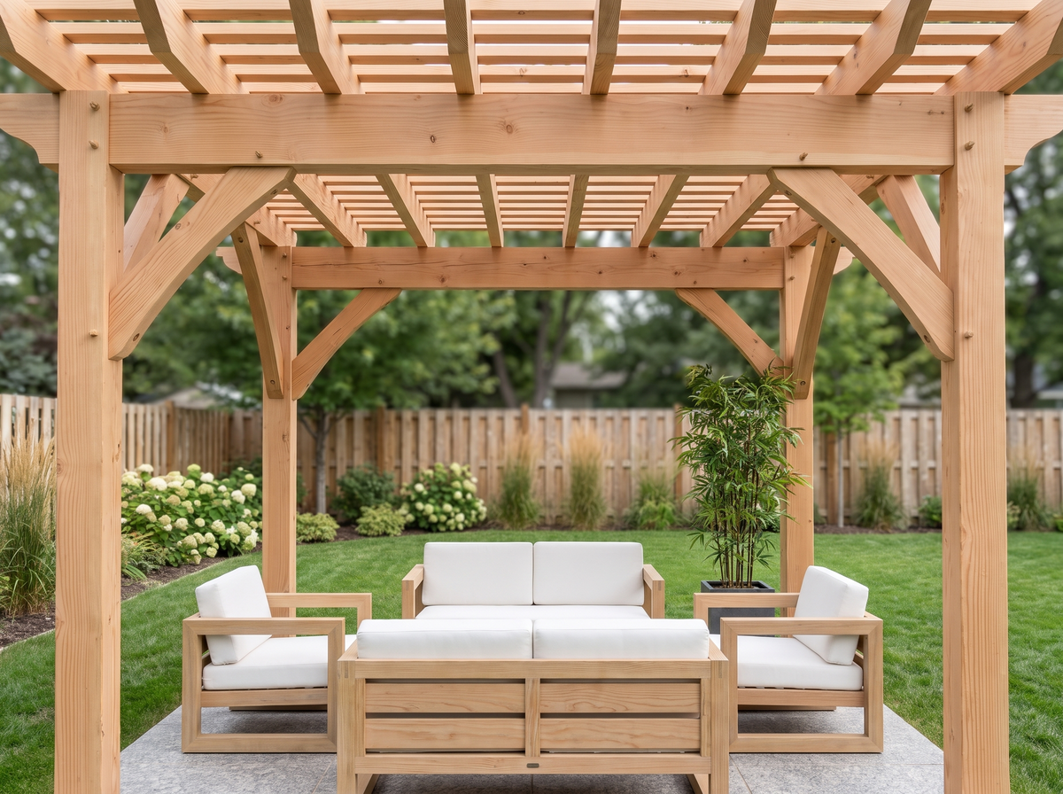 Looking out from beneath a timber pergola canopy at a fenced backyard, slat shadows across the seating