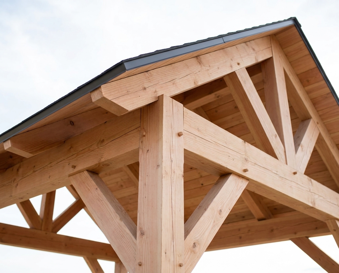 Loretta pavilion corner detail showing straight square-cut knee brace and gable beam joinery in natural Douglas fir.