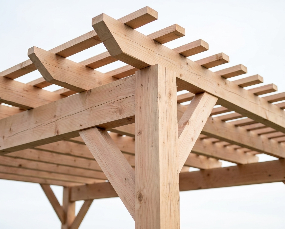 Loretta pergola corner detail showing straight square-cut knee brace and beam joinery in natural Douglas fir.