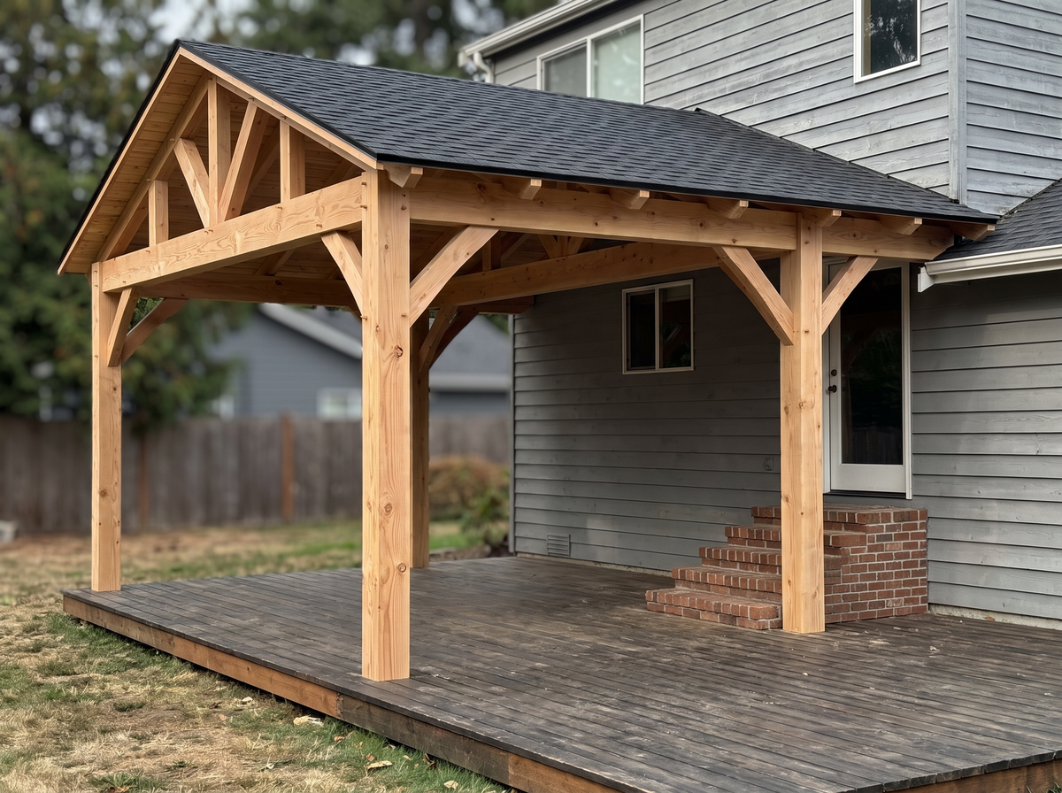 Gable timber pavilion over a wood deck at a Provo home, brick steps to the back door