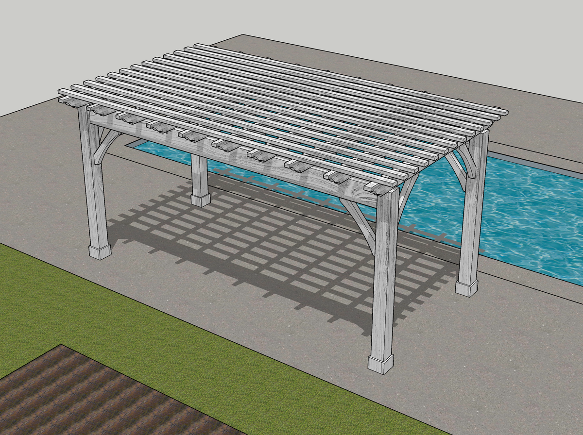The 3D design of the same Alpine pergola from above, drawn before the build