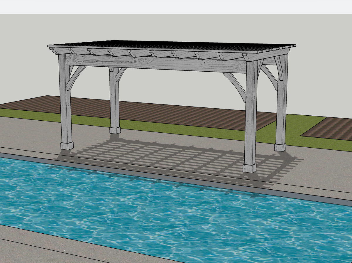 The 3D design of the 12×20 pergola for this Alpine, Utah pool deck, drawn before the build