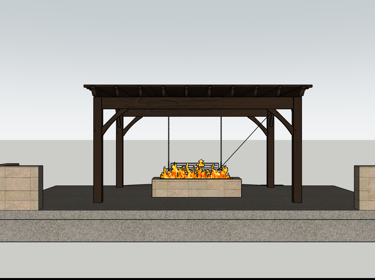 The 3D design of the 18×18 Elk Ridge pergola from the front, drawn before the build