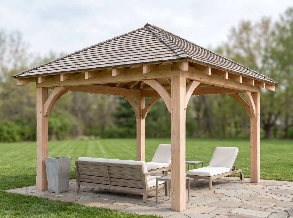 Rustic timber gazebo render with a four-sided hipped roof